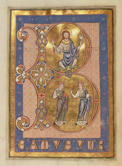 Initial B depicting, top: Christ seated, bottom: two women representing Mercy and Truth, from the Peterborough Psalter, c.1260 by English School
